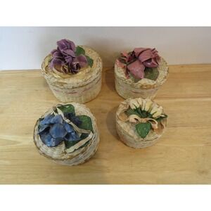 Vintage Floral Woven Nesting Baskets Set of 4 Decorative Lace Trim Storage Boxes